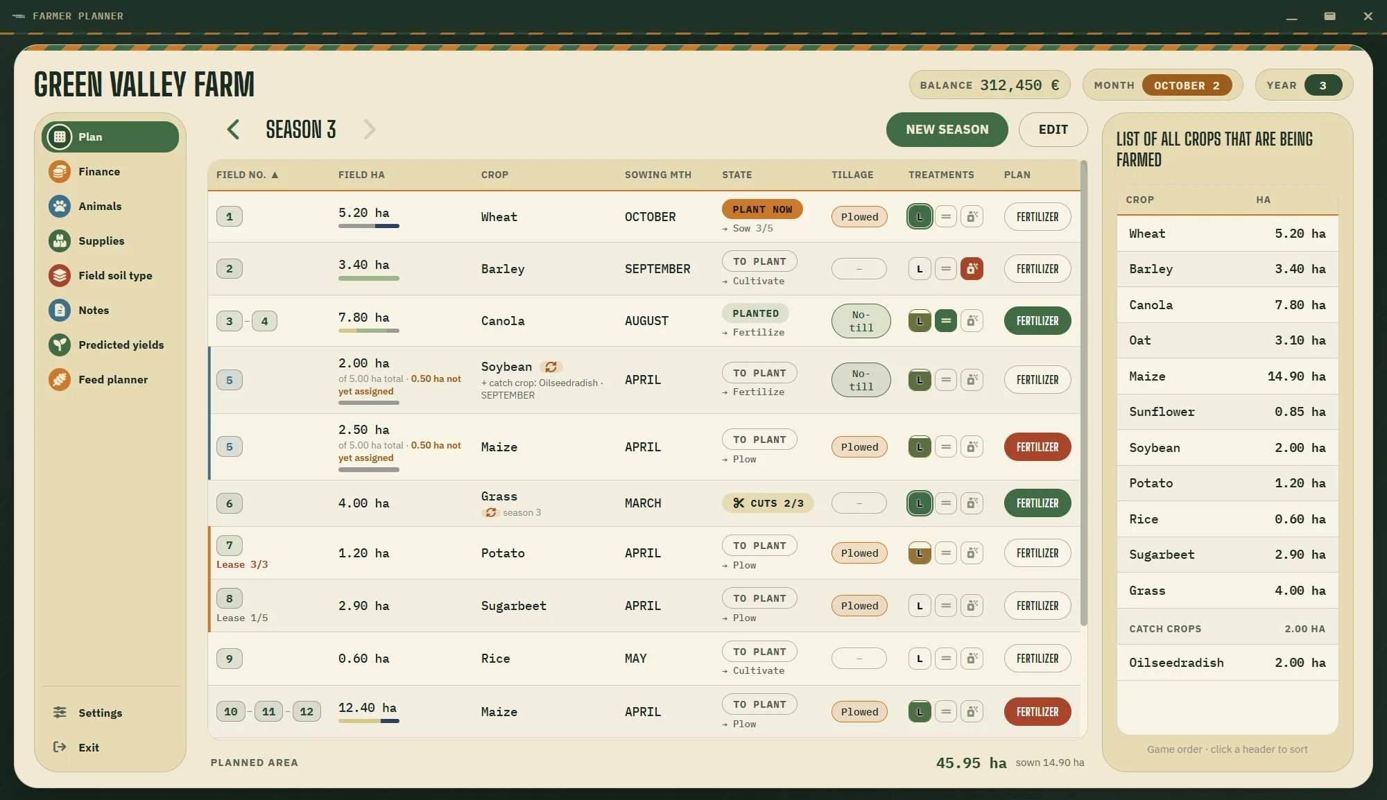 The season plan: a table of fields with crop, sowing month, state and fertilization plan